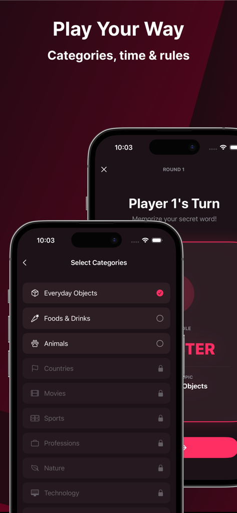 Tela mostrando o menu de seleção de categorias de palavras e instruções de turno do jogador no aplicativo Imposter Word Party Game