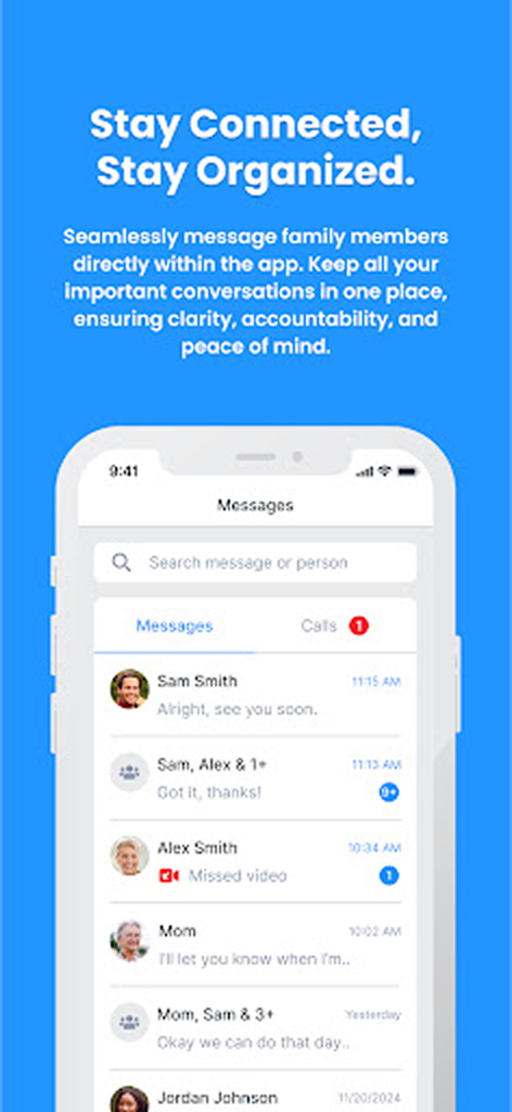 The messaging screen of the WeParent app showing a list of family chat conversations for co-parenting organization