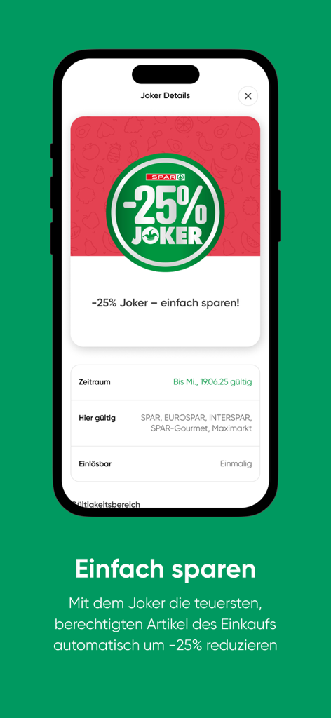 SPAR - Ein mobiler Bildschirm der SPAR App, der einen 25-prozentigen Joker-Rabatt für Lebensmittelersparnisse zeigt.