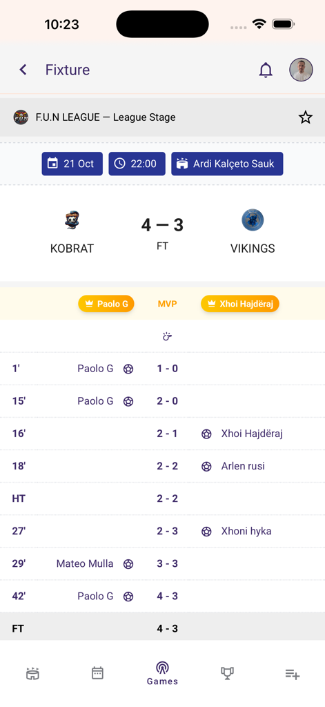 Squadin - Detailed soccer match fixture showing scores goal scorers and MVP on the Squadin app