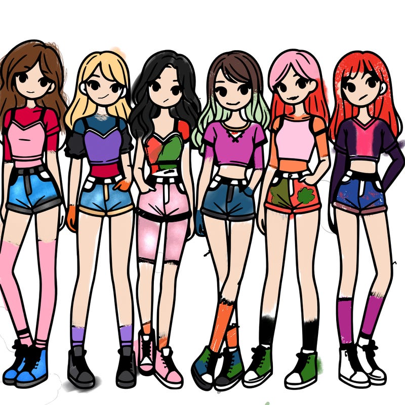 a group of girls wearing crop tops and shorts