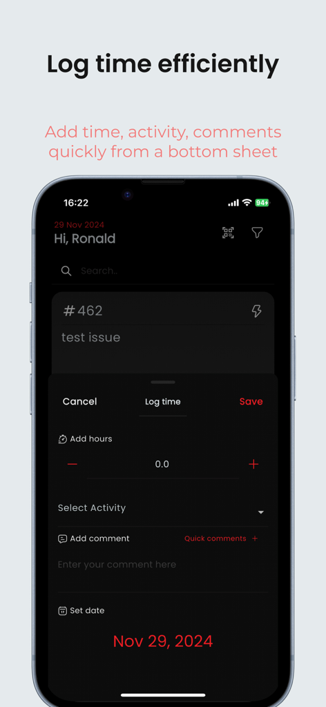 RedLog mobile app interface showing the quick log time feature with a bottom sheet to add hours and comments to a Redmine task.