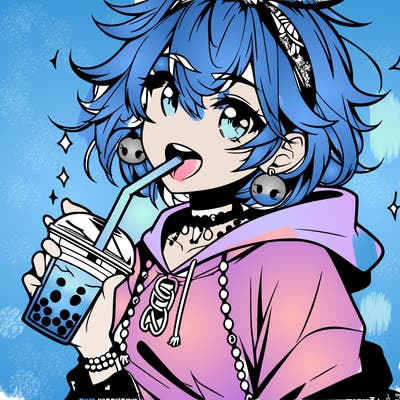 hot baddie anime girl drinking boba and biting the straw