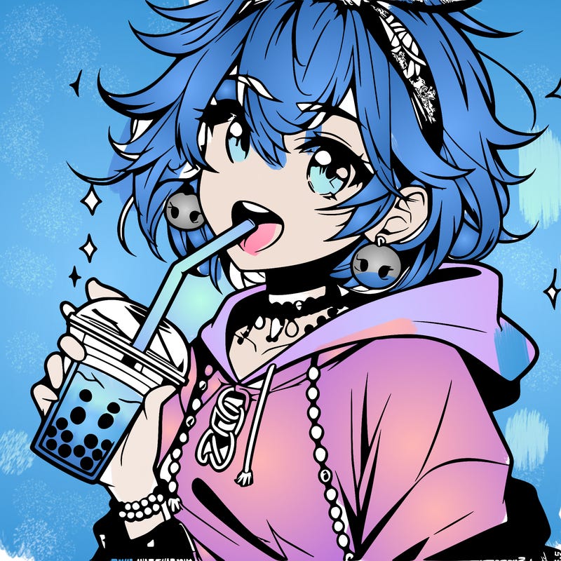 hot baddie anime girl drinking boba and biting the straw