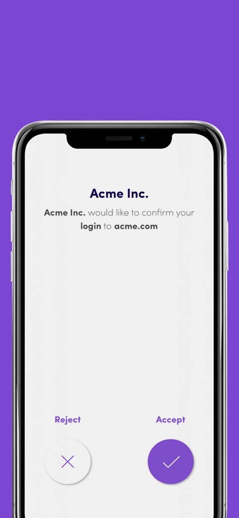 A smartphone screen showing a Trusona login confirmation request for an enterprise account with accept and reject buttons.