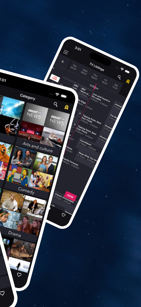 Screenshots of the UK TV Guide app showing program listings and content categories.