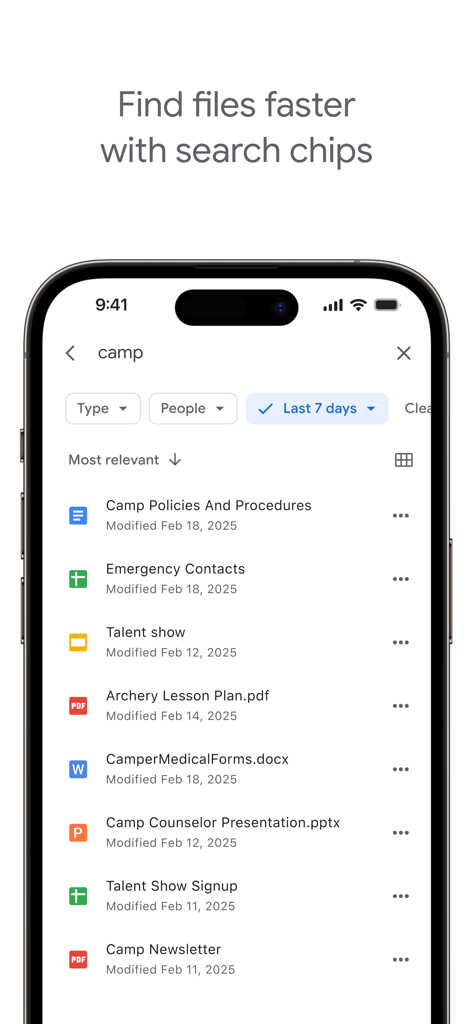 Google Drive mobile app interface showing search results with filter chips on an iPhone