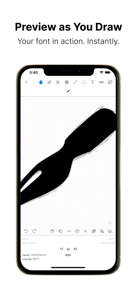 Letterforms - Font Maker - Interface of Letterforms app showing a real time font preview while drawing a character
