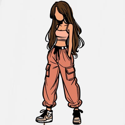 girl in baggy pants crop top and long hair