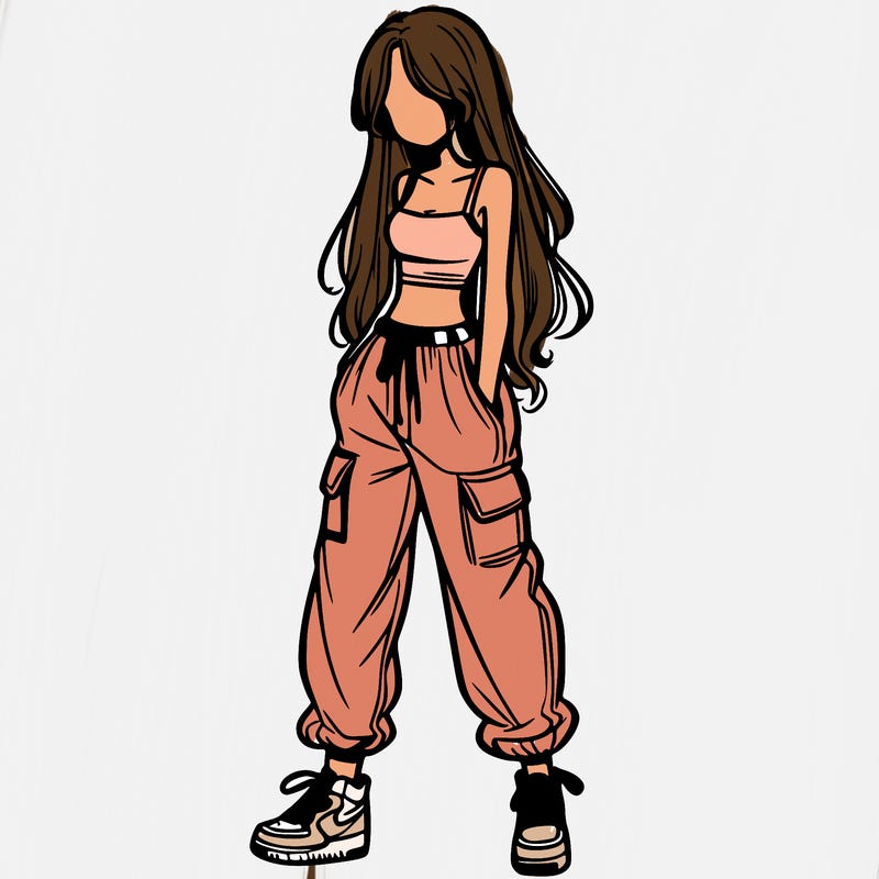 girl in baggy pants crop top and long hair