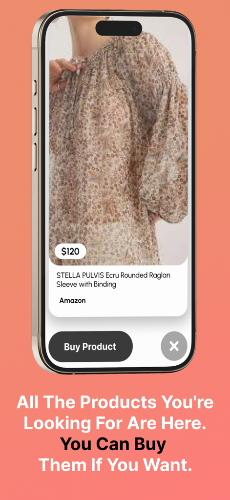 Find clothes - FashionLens Ai - Una pantalla móvil de la aplicación FashionLens Ai mostrando una blusa floral con su precio y un botón Comprar Producto