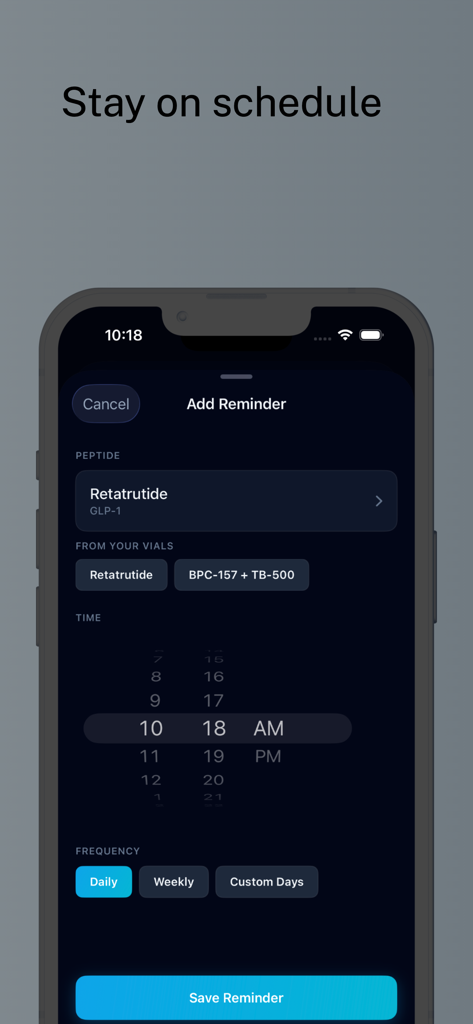 PepProCalc app interface for setting peptide dosage reminders with daily and weekly frequency options