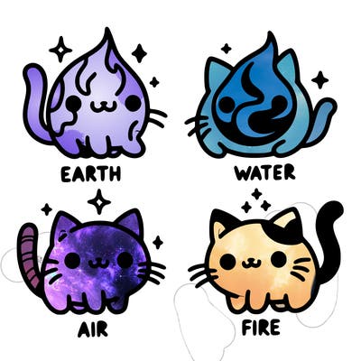 4 cats that represent the different elements, earth, water, air, and fire