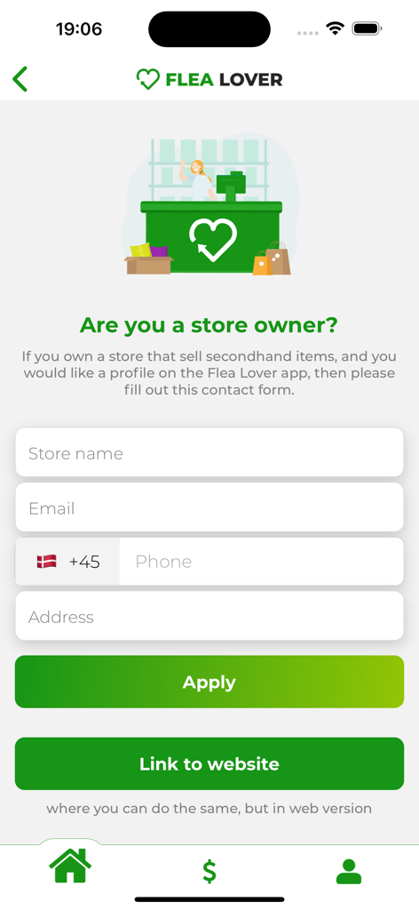 Flea Lover - Registration form for secondhand shop owners in the Flea Lover app
