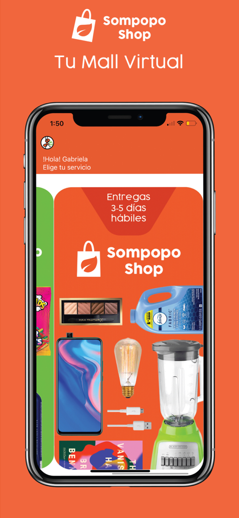 Sompopo Shop Mobile App-Oberfläche, die verschiedene Haushaltsprodukte und Versandinformationen auf Spanisch anzeigt