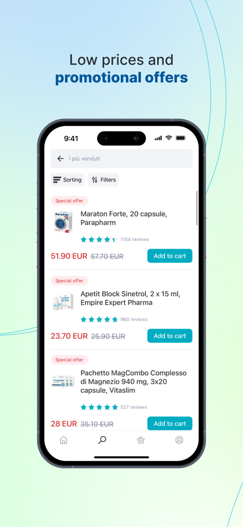 Schermata dell'app Liki24 che mostra integratori salutari scontati e offerte promozionali speciali.