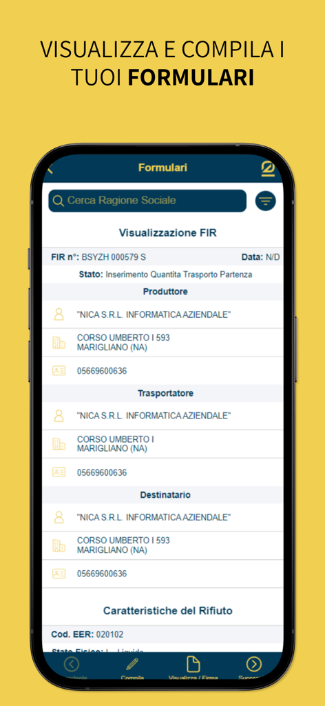 Rentri - Uma tela de celular exibindo um formulário digital de identificação de resíduos dentro do aplicativo Rentri mostrando informações do produtor e transportador