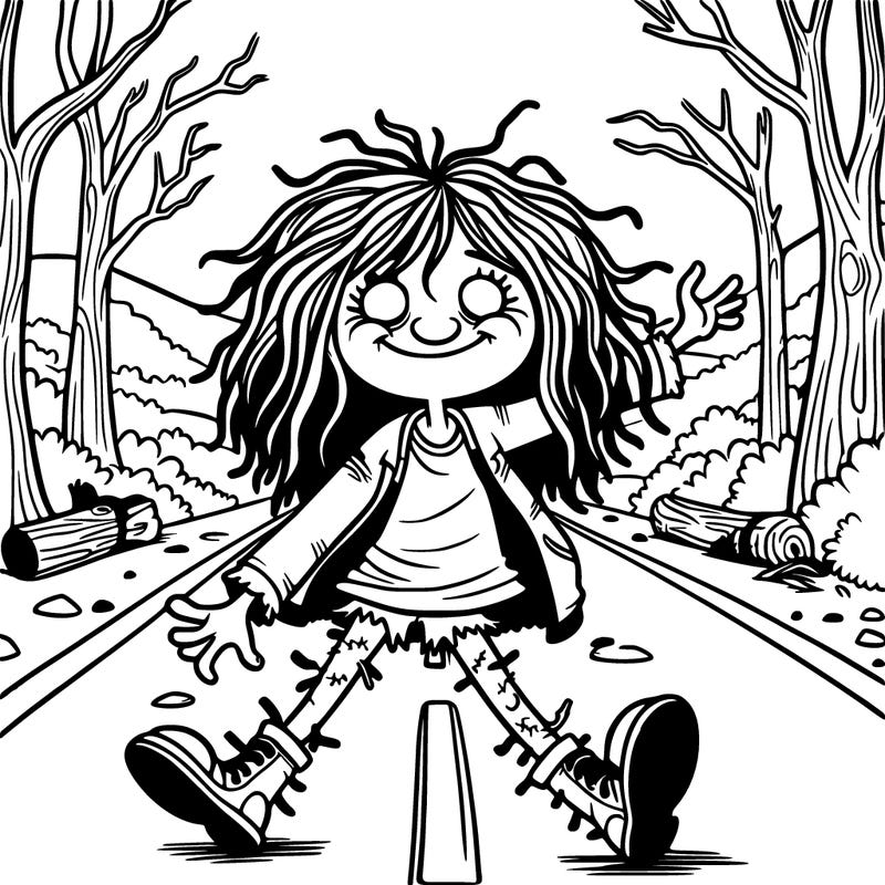 a gnarly girl in  the middle of the road