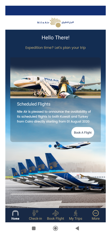 Nile Air mobile app home screen showing scheduled flight information and navigation menu.