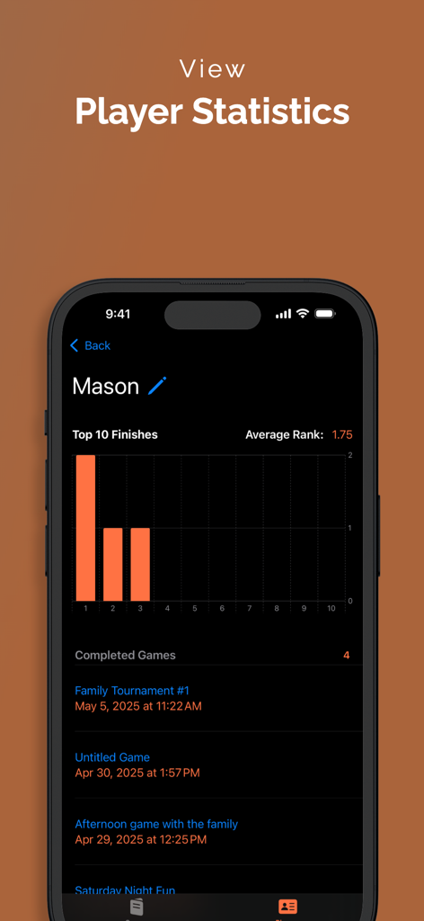 Crowns Score Keeper - クラウンズ スコアキーパーアプリの詳細なプレイヤー統計とゲーム履歴を示すモバイル画面。