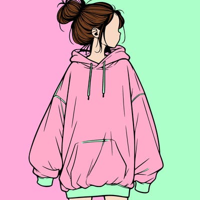 realistic girl with a oversized sweatshirt on and a bun