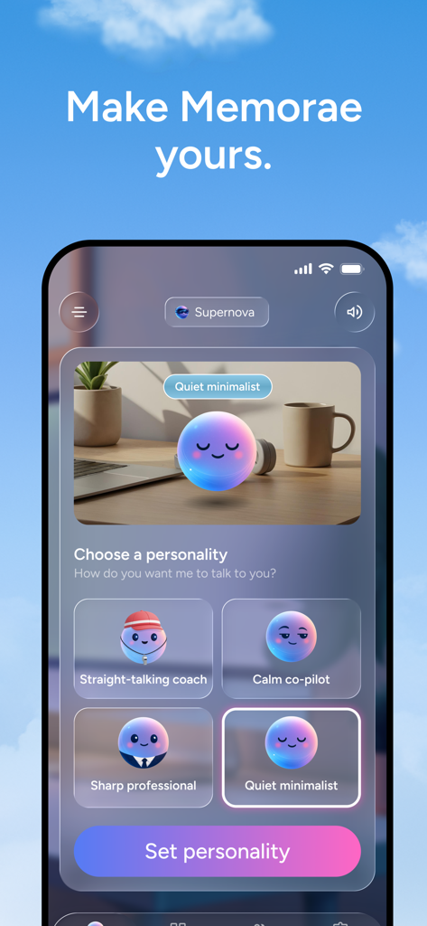 Memorae - Memorae app screen for choosing an AI assistant personality such as Quiet minimalist or Calm co-pilot