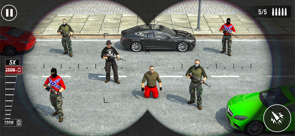 Sniper Games - Shooting Games! - Gameplay screenshot of a sniper mission through a scope view with armed targets on a street.
