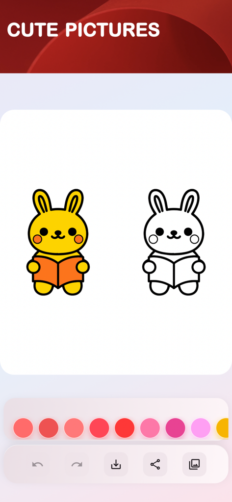 Satisfying Coloring ASMR - 노란색으로 칠해진 토끼와 생생한 색상 팔레트의 윤곽선이 그려지지 않은 색칠 인터페이스를 보여주는 색칠 인터페이스.