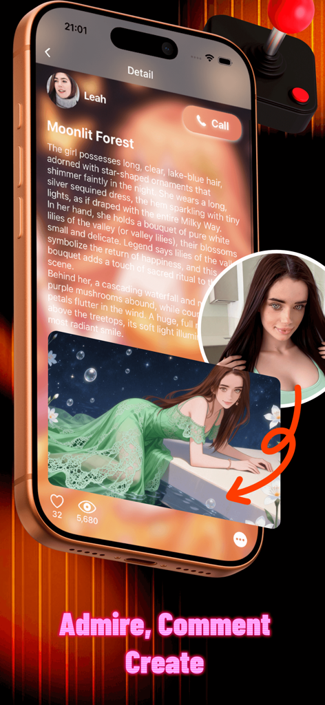 Fobb - Detail view of an AI-generated artwork in the Fobb app with a description and video call feature.