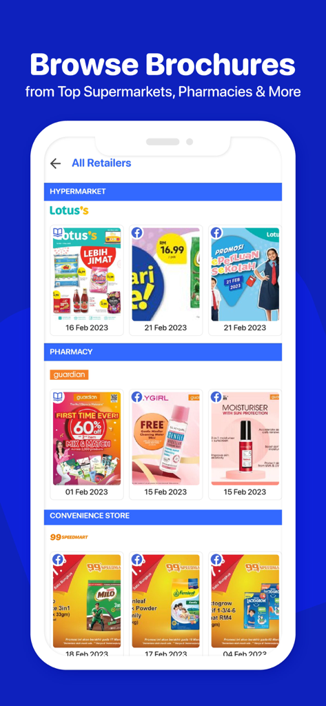 Hargapedia app interface showing digital brochures from supermarkets pharmacies and convenience stores