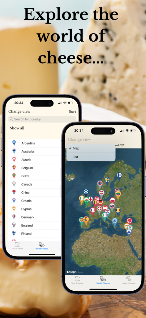 Good Cheese - Two mobile screens from the Good Cheese app showing a list of countries and a world map with pins to explore cheese varieties globally.