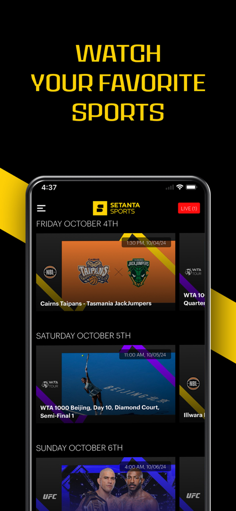 Mobile app interface of Setanta Sports showing a schedule of live sports including basketball tennis and UFC.