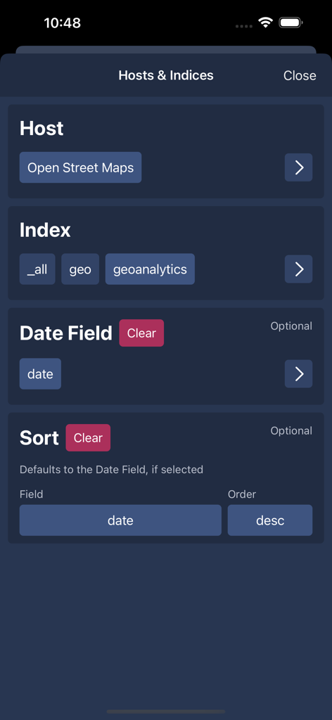 Search OpsモバイルアプリのElasticsearchおよびOpenSearchホストとインデックス設定を構成するためのインターフェイス。