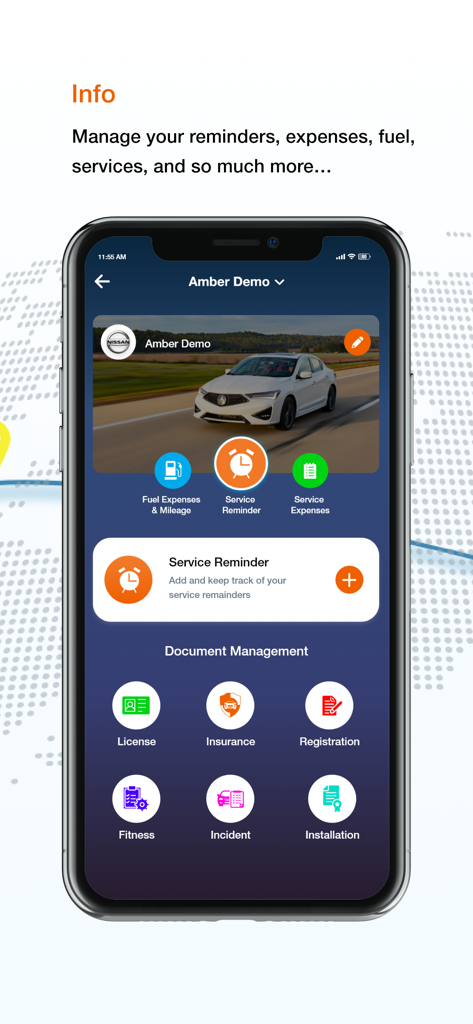 Amber Connect - Amber Connect app interface showing vehicle info and document management features including service reminders and insurance storage