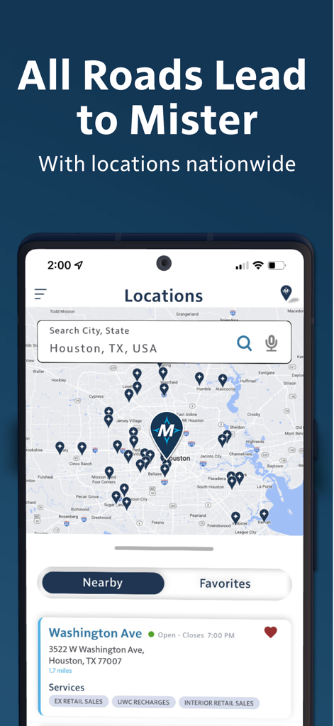 Mister Car Wash - A screenshot of the Mister Car Wash app displaying a map of various car wash locations in Houston Texas