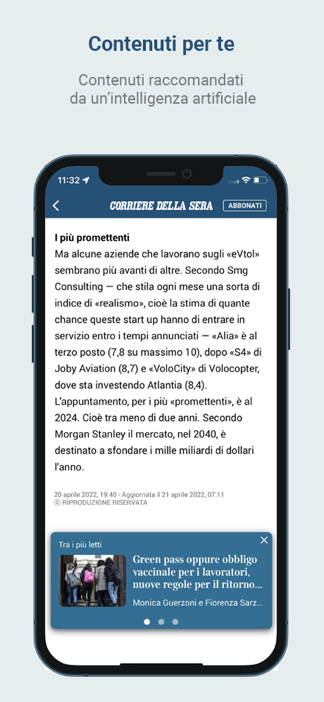 Pantalla de la aplicación móvil Corriere della Sera que muestra un artículo con recomendaciones de contenido personalizadas por IA