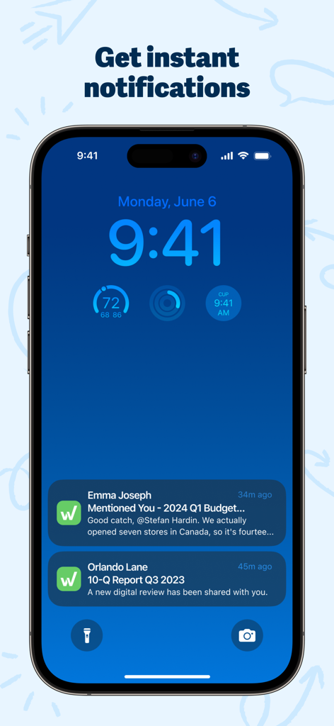 Workiva - Notifiche istantanee dell'app mobile Workiva sulla schermata di blocco di un iPhone che mostrano aggiornamenti sul budget e sul report 10-Q.