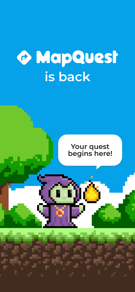 MapQuest GPS Navigation & Maps - Imagen promocional de MapQuest con un personaje de arte pixelado de 8 bits y el texto MapQuest está de vuelta