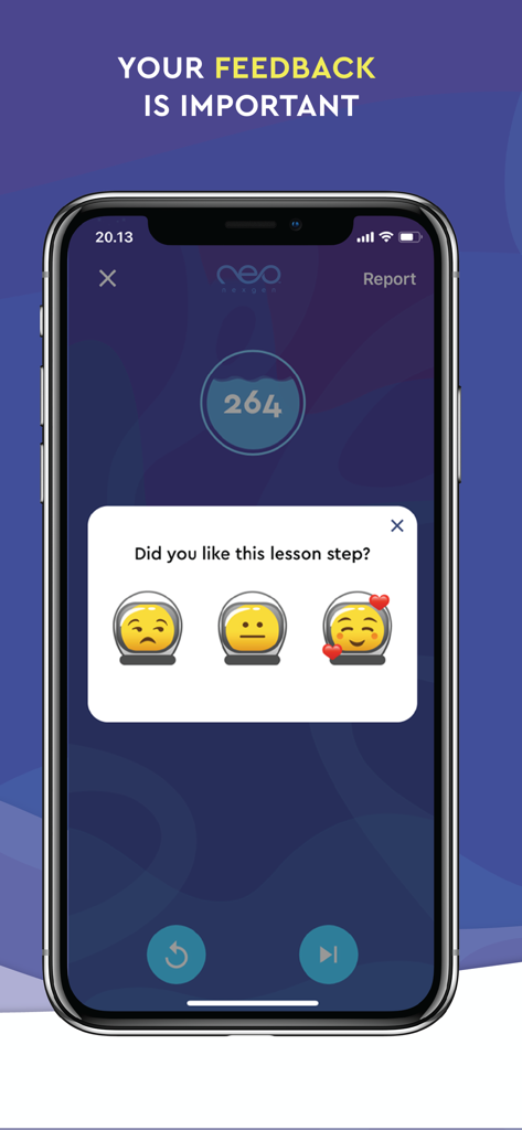 neoStudy - 3つの絵文字評価オプションと進捗スコアが表示されたレッスンフィードバックプロンプトを示すneoStudyモバイルアプリ画面