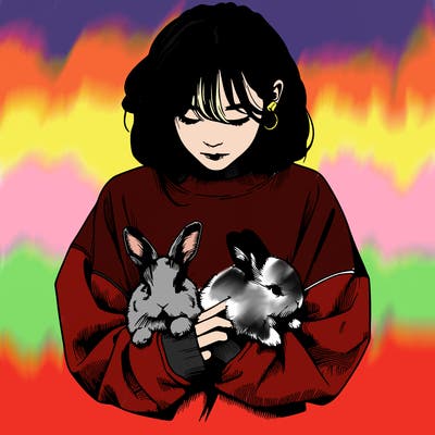 realistic girl with messy bunny baggy sweatshirt and holding bunnies