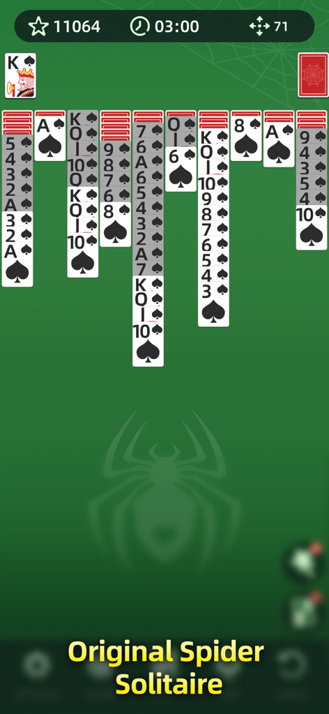 Spider Solitaire - Card 2026 - Gameplay interface of the Original Spider Solitaire card game with a classic green background