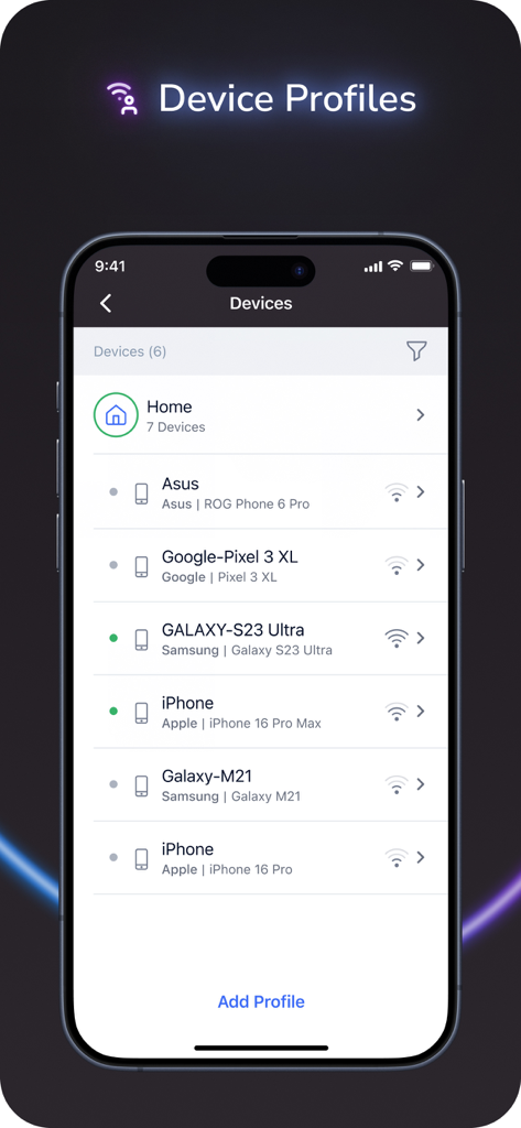 A list of connected devices like smartphones and laptops managed within the NETGEAR Nighthawk app.