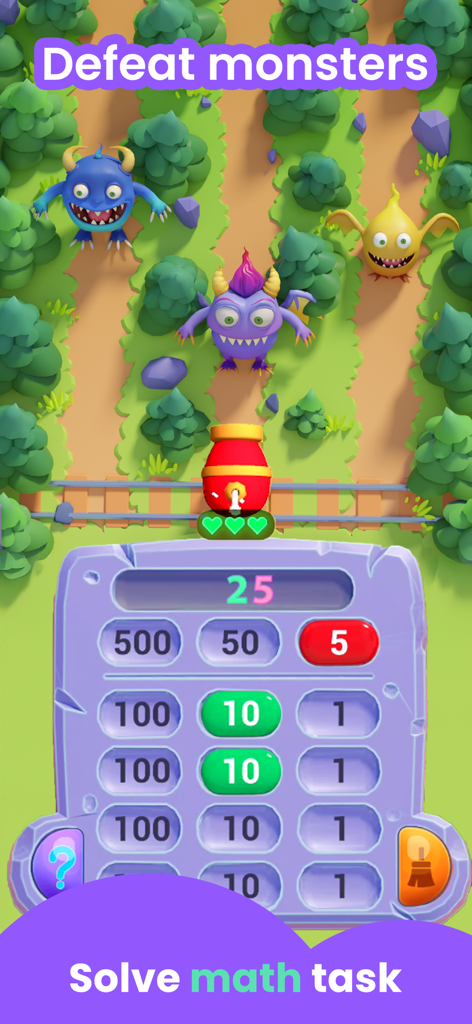SKIDOS Math Games for Kids - A tower defense game screen from SKIDOS Math where kids defeat monsters by solving math tasks on a number grid