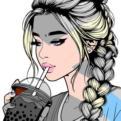 realistic girl drinking boba tea with braided hair