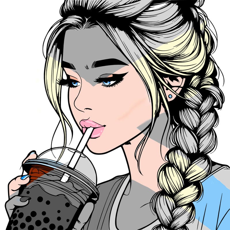 realistic girl drinking boba tea with braided hair
