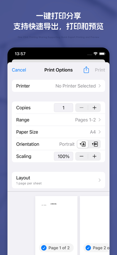 Mobile app interface showing print options and document preview for word files