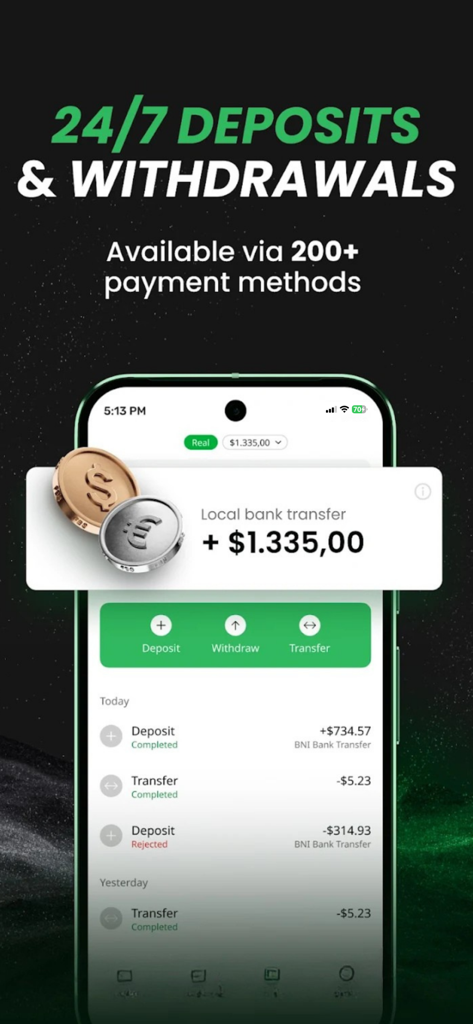 Kato Prime LTD - Captura de pantalla de la interfaz de la aplicación móvil Kato Prime que muestra opciones de depósito y retiro con un historial de transacciones.