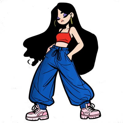 girl in baggy pants crop top and long hair
