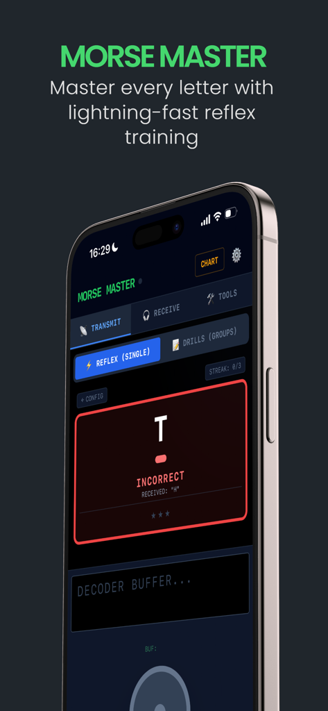 CW Morse Master app reflex training screen showing Morse code character practice and feedback.