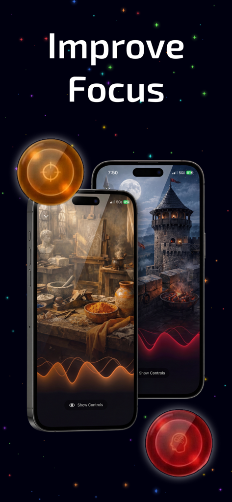 NeuroPulse: Binaural Beats - NeuroPulse app interface showing soundscapes and waveforms to improve focus